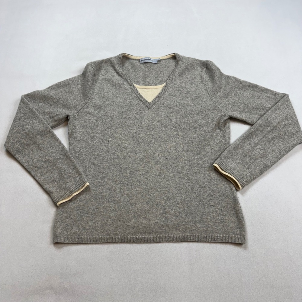 Colour Works Womens L 100% Pure Cashmere V-Neck Sweater Grey Layered Look Trim